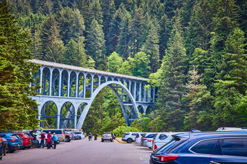 Elegant Arched Bridge in Lush Forest With Tourists from Eye Level