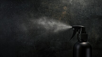 Black spray bottle releasing a fine mist against a dark textured background, highlighting the spray in the air.