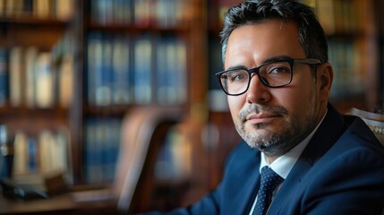 Fototapeta premium Confident professional man in a suit sitting in an elegant office with a background of bookshelves, showcasing a business setting.