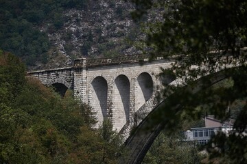 Solkan Bridge, Slovenia, old stone arch railway bridge