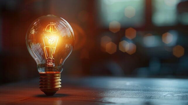 Close-up of an illuminated light bulb in a dimly lit room, symbolizing creativity and ideas with a bokeh background.