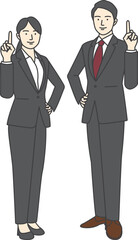 Illustration of a man and woman in business suits smiling, holding up their index fingers and facing forward.