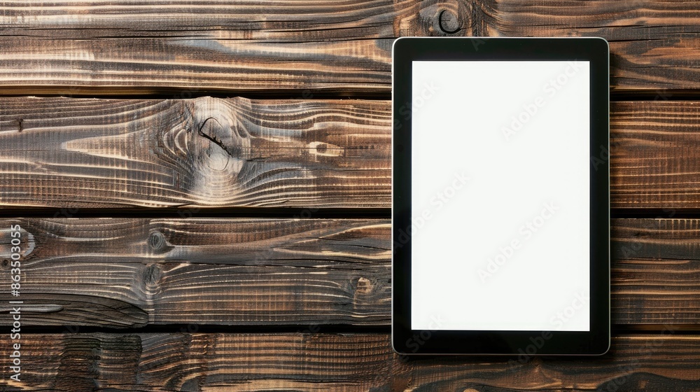 Poster Digital tablet with empty screen displayed on wooden table