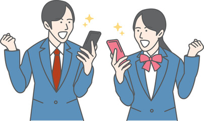 Male and female students in school uniform holding and fist-pumping their phones.