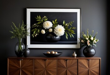 a contemporary display arrangement on a dark-toned sideboard against a muted wall highlighting negative space and clean lines, with an empty picture frame