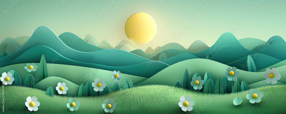 Poster a green field with mountains in the background and a sun in the sky. the sun is shining brightly, cr