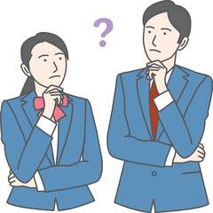 Illustration of men and women in school uniform with questions.