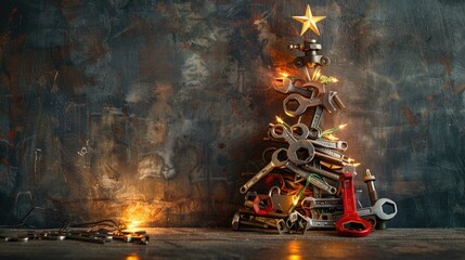 Christmas tree made of tools including wrenches topped with a star and adorned with string lights Industrial holiday card with space for message Concept for a festive season greeting