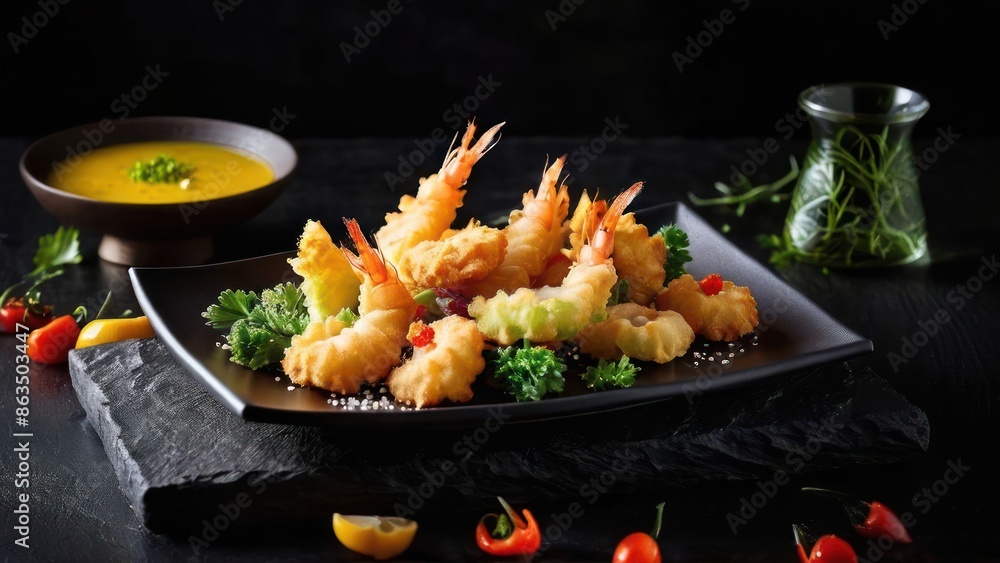 Wall mural Tranquil Sushi Symphony with Accentual Vegetables and Aromatic Sauce