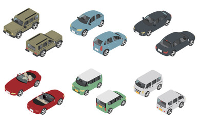 アイソメトリックイラスト：自動車セット