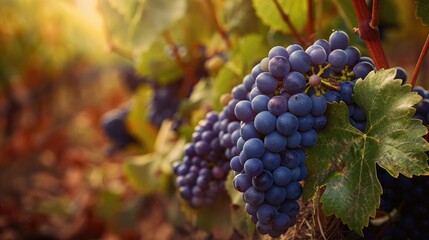 Naklejka premium Purple wine grapes on a vine plant in a wine country during autumn with green leaves around