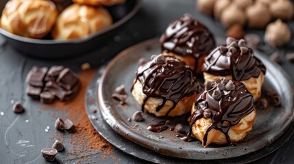 Tasty chocolate filled profiteroles displayed on the table