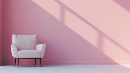 Modern armchair with clean lines on a pastel color wallpaper empty with sun light
