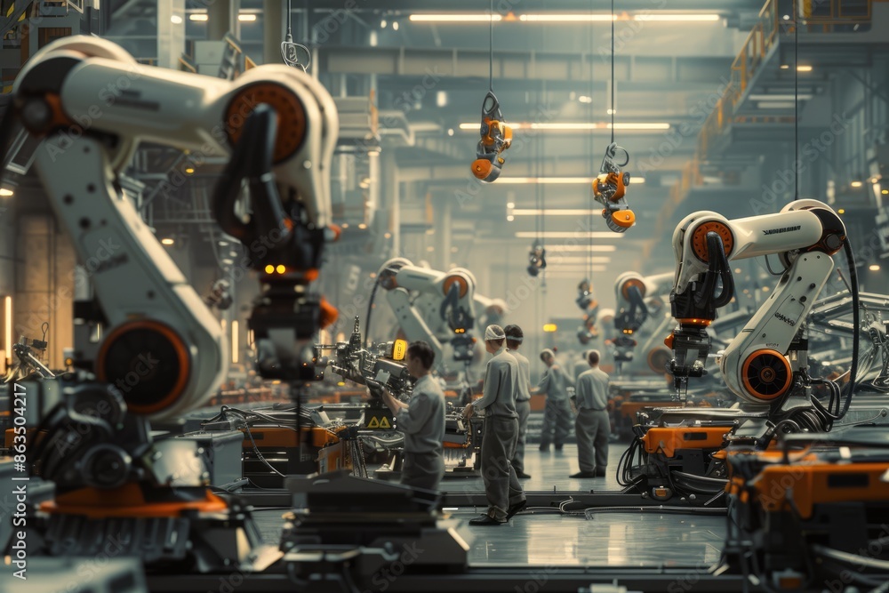 Poster robot machine arm working and checking electronic parts at production line. factory machine or robot