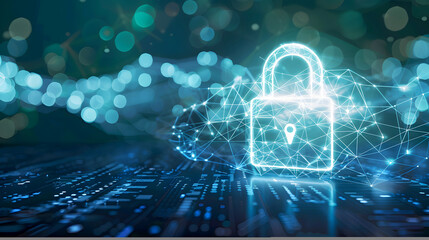 Binary Pad Lock Cyber Security Technology Background With Line and Dots Glowing Lights, Guardians of the Digital Realm: Encrypted Connections in a Binary Fortress for Cyber Lockdown, blue