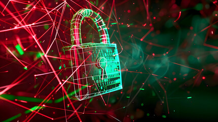 Binary Pad Lock Cyber Security Technology Background With Line and Dots Glowing Lights, Guardians of the Digital Realm: Encrypted Connections in a Binary Fortress for Cyber Lockdown, Red