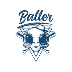 Fun, Playful, Modern, Grunge, Youthful, Funny Alien Batter Baseball T-shirt Vector Design Illustration