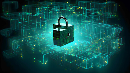 Binary Pad Lock Cyber Security Technology Background With Line and Dots Glowing Lights, Guardians of the Digital Realm: Encrypted Connections in a Binary Fortress for Cyber Lockdown, blue