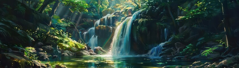 Majestic waterfall cascading into a lush jungle pool, vibrant and dynamic nature scene