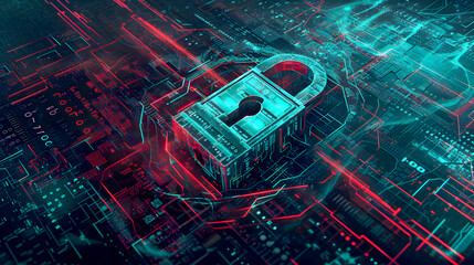 Binary Pad Lock Cyber Security Technology Background With Line and Dots Glowing Lights, Guardians of the Digital Realm: Encrypted Connections in a Binary Fortress for Cyber Lockdown, Red
