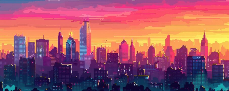 Vibrant pixel art cityscape at sunset with glowing skyscrapers and a retro aesthetic, colorful and nostalgic