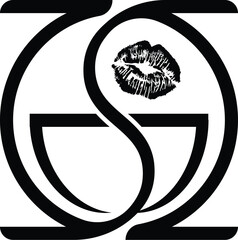 Logo. Coffee. Favourite drink. Monochrome drawing. Lip print. Kiss over the cup. Vector picture.