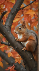 a squirrel sitting on a tree branch with leaves in the background