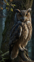 Fototapeta premium a large owl sitting on a tree branch in the woods