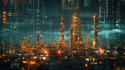 Fototapeta premium A high-tech industrial cityscape at night, illuminated with glowing lights and overlaid with digital interface elements, showcasing a futuristic urban environment.