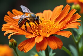 A vivid image of a bee gently landing on the fiery petals of an orange marigold, emphasizing the fine hairs of the insect against the soft texture of the flower
