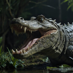 Obraz premium crocodile with open mouth and teeth in water with vegetation in background