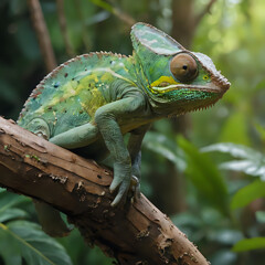 Obraz premium a sitting on a branch with a green and yellow face