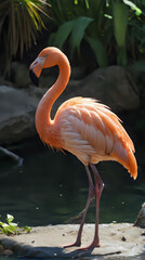 a flamingo standing on a rock in the water