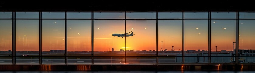 Naklejka premium A stunning view of an airplane taking off at sunset, captured through the large windows of an airport terminal, showcasing a beautiful skyline.