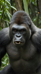 Obraz premium a sitting in the jungle with a banana in its mouth