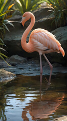 flamingo standing in water with reflection of its head in the water