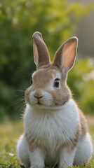 Obraz premium a small rabbit sitting in the grass with its ears up