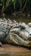 Obraz premium crocodile laying on the ground in the water with its mouth open