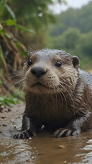 Fototapeta premium a wet otter that is sitting in the water