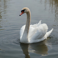 Obraz premium a white swan swimming in the water with its head above the water