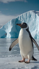 Obraz premium penguin walking on ice with iceberg in background