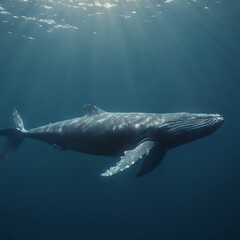 Naklejka premium a large whale swimming in the ocean with sun shining through the water