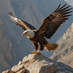 Obraz premium a eagle landing on a rock with mountains in the background