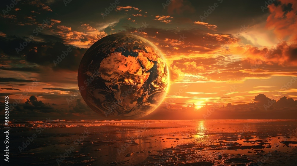 Wall mural an image of a globe with the sun setting behind it