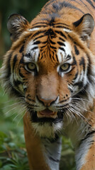 Fototapeta premium a tiger walking through the grass with its mouth open