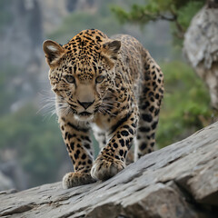 Obraz premium a walking on a rock in the wilderness with a mountain in the background