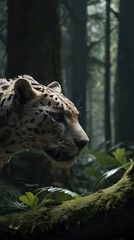 Fototapeta premium a snow leopard walking through a forest with trees