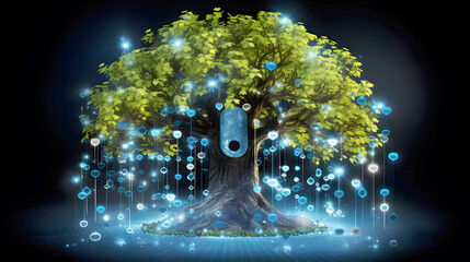 Binary Pad Lock Cyber Security Technology Background With Line and Dots Glowing Lights, Guardians of the Digital Realm: Encrypted Connections in a Binary Fortress for Cyber Lockdown with green tree