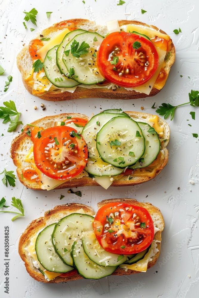 Poster assortment of cheese toasts with gouda, tomatoes, and cucumber - Posters