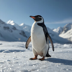 Fototapeta premium a penguin standing in the snow with mountains in the background